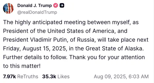 ▲美國總統川普在自家的社群媒體發文證實，8月15日將在阿拉斯加州跟俄國總統蒲亭會面。（圖／翻攝自川普粉專）