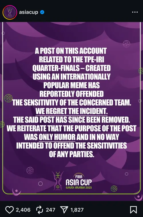 ▲FIBA在下架貼文後，發表道歉聲明。（圖／取自FIBA亞洲盃IG）