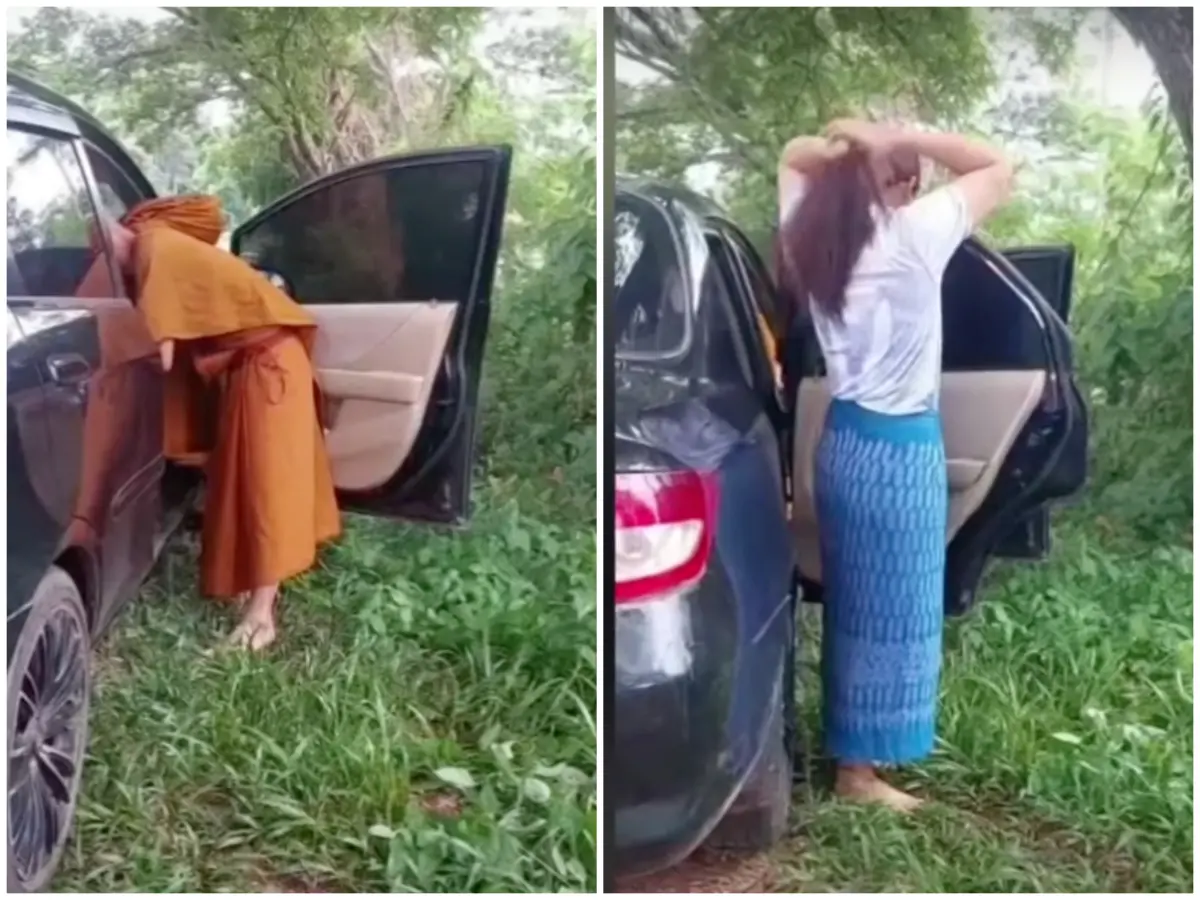 ▲泰國一位僧人被發現與一位女子同處一車，疑似在車上進行親密行為，該位僧侶隨後立即被警方帶去還俗。（合成圖／翻攝自YouTube影片）