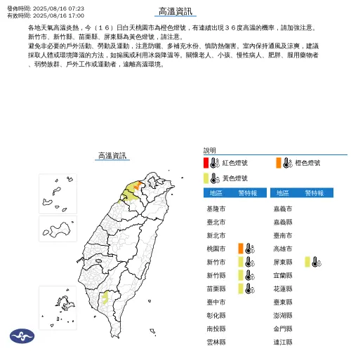 ▲中央氣象署一早就發布高溫特報，其中桃園市「橙色燈號」，有連續高溫36度的機率，民眾外出注意防曬多補水。（圖/中央氣象署cwa.gov.tw）
