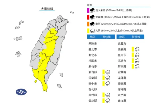 快訊／假日出門注意！氣象署：9縣市「大雨特報」　7地區慎防冰雹
