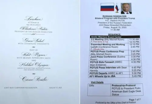 ▲川普與蒲亭會晤的文件細節在阿拉斯加一間飯店的公告印表機被入住房客發現。（圖／翻攝自@ghiageo/X）