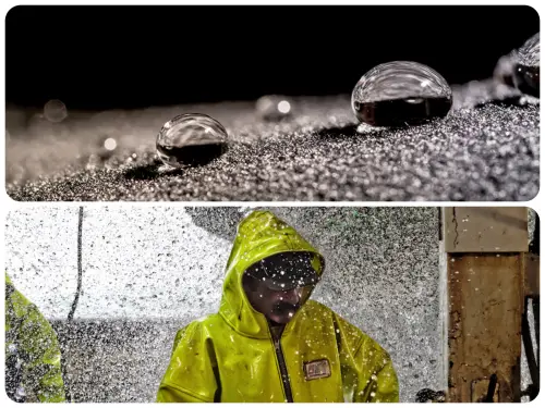 ▲扛布者指出，潑水等級只能擋住上圖的小水珠，無法擋住大水流，下圖則是防水外套等級，但相對不夠透氣。（圖／扛布者-為紡織而活的男子臉書）