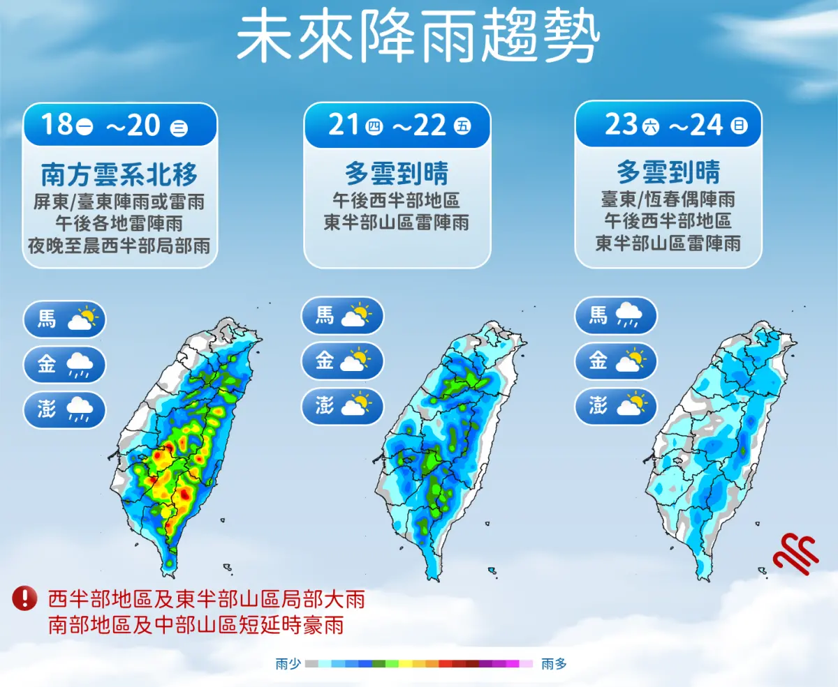 ▲氣象署提醒，低氣壓發展影響、南方雲系北移，週一至週三（8/18至8/20）全台午後雷陣雨機率高。（圖／中央氣象署cwa.gov.tw）