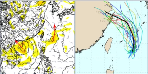 ▲吳德榮表示，今明兩天南海的「熱帶擾動」沒有發展；往西北通過海南島，再進入越南北部；此外，與歐洲系集模式皆顯示，台灣東南東方另一「熱帶擾動」亦發展緩慢；偏北遠離。（圖／氣象應用推廣基金會．老大洩天機專欄）