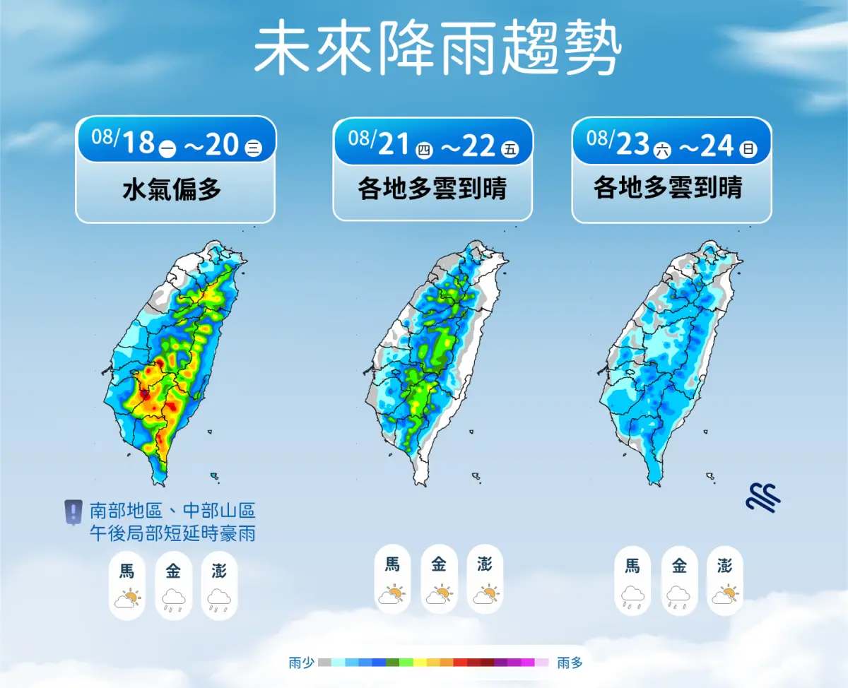 ▲氣象署提醒，低氣壓發展影響、南方雲系北移，週一至週三（8/18至8/20）全台午後雷陣雨機率高。（圖／中央氣象署cwa.gov.tw）