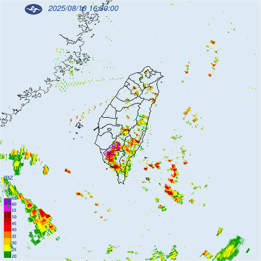 ▲氣象署針對「高雄市」發布大雷雨即時訊息，持續時間至18時00分止。（圖／水利署）