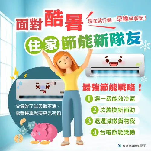▲經濟部能源署建議更換成一級能效冷氣 + 汰舊換新補助 + 退還減徵貨物稅 + 台電節能獎勵 = 最強節能戰略！（圖／經濟部能源署臉書）