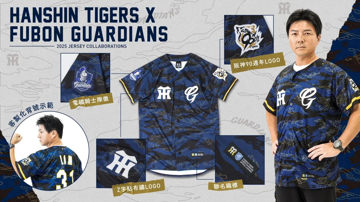 ▲富邦悍將「虎道同盟」主題日周末登場，與日職阪神虎聯名的實戰球衣也曝光，由農場主管林威助實著演繹穿搭風格。（圖／富邦悍將提供）