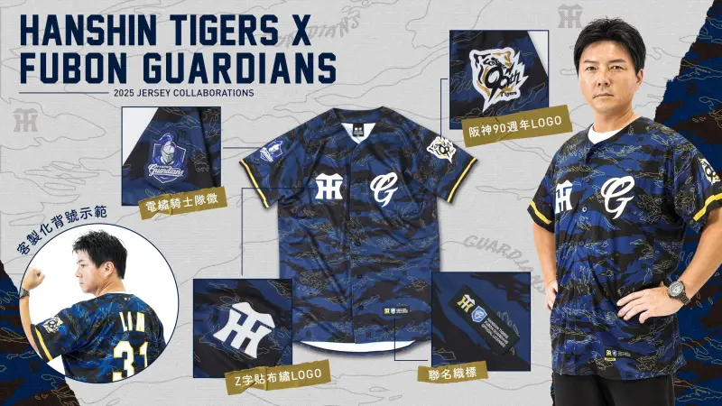 ▲富邦悍將「虎道同盟」主題日周末登場，與日職阪神虎聯名的實戰球衣也曝光，由農場主管林威助實著演繹穿搭風格。（圖／富邦悍將提供）
