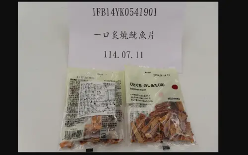 ▲無印良品自日本進口的「一口炙燒魷魚片」被驗出磷酸鹽超標。（圖／食藥署提供）