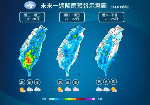 ▲氣象署提醒，高空冷心低壓接近、南方雲系北移，週二、週三全台午後雷陣雨機率高。（圖／中央氣象署cwa.gov.tw）