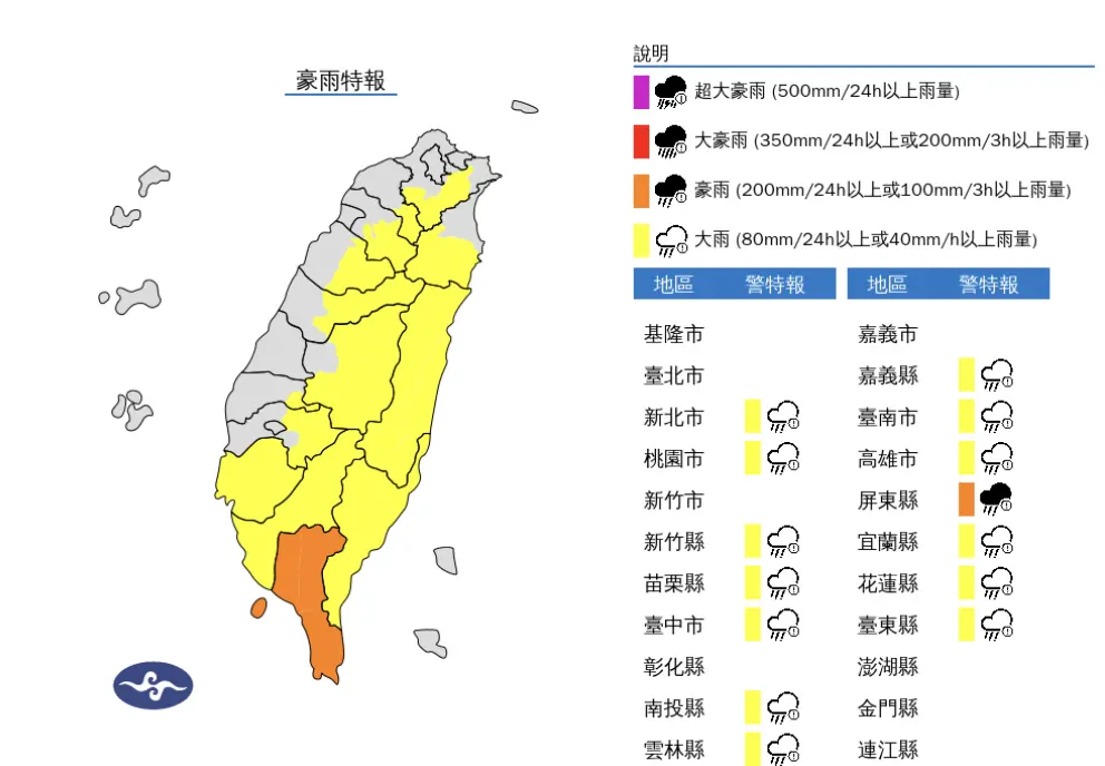 ▲氣象署發布「豪雨特報」，由於對流雲系發展旺盛，今（19）日中午過後，全台都有午後雷陣雨的機率。（圖／中央氣象署cwa.gov.tw）