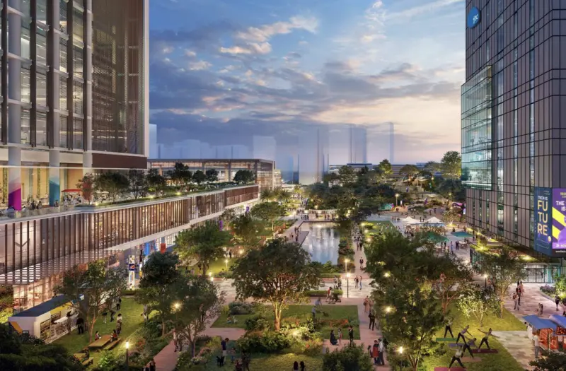 ▲兀蘭未來區域中心構想圖，結合住宅、商業與綠地空間，打造宜居又具活力的北部社區。（圖／裕廊集團提供構想圖）