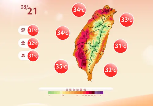 ▲週五之前各地都偏相對炎熱，西半部高溫來到34至35度，東半部31至32度，大台北、中南部近山區要注意36度以上氣溫。（圖／中央氣象署cwa.gov.tw）