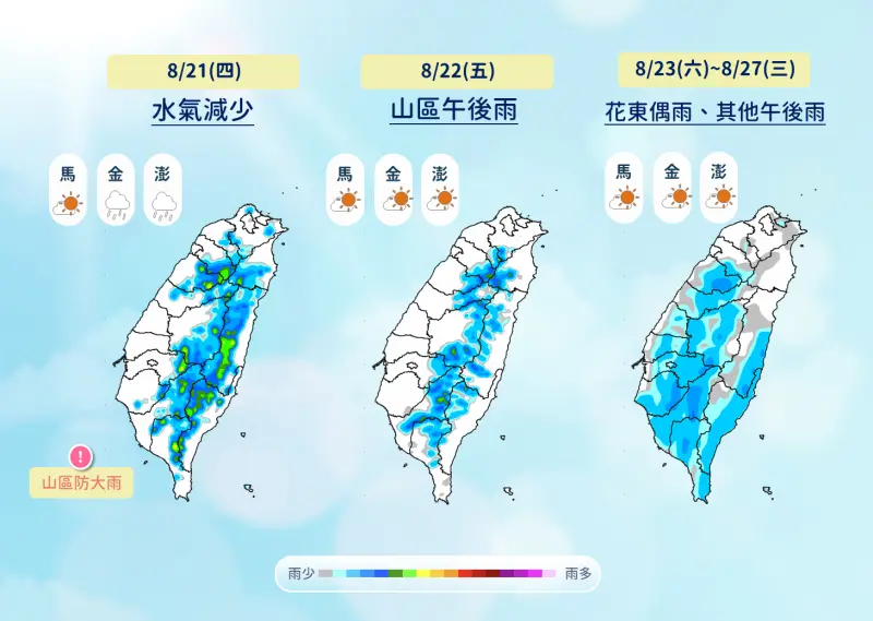    ▲台灣近期天氣持續由「高溫、午後雷陣雨」主導，週四、週五天氣較好，週末水氣再增加。（圖／中央氣象署cwa.gov.tw）  