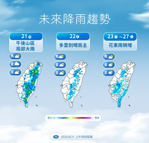 ▲台灣近期天氣持續由「高溫、午後雷陣雨」主導，週四、週五天氣較好，週末水氣再增加。（圖／中央氣象署