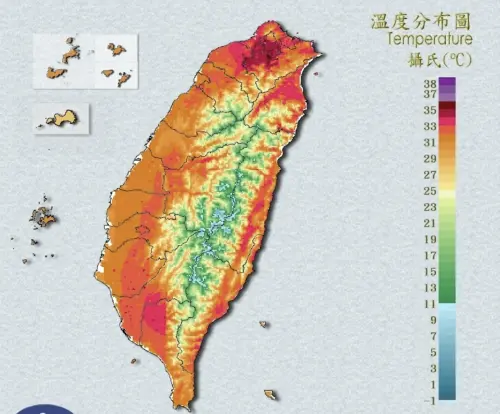 ▲今天各地天氣高溫炎熱，大台北地區狂飆高溫，信義出現38.8度全台最高溫，內湖也有38.1度。（圖／中央氣象署cwa.gov.tw）