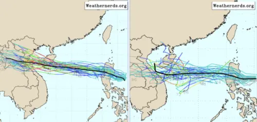 ▲最新(21日20時)最新歐洲系集模式(ECMWF)顯示，菲律賓東方海面「熱帶擾動」的系集平均路徑，今通過呂宋島，明進入南海後，才有逐漸發展成颱風的機率，未來經海南島南側、朝越南前進(左圖)；最新美國系集模式(GEFS)顯示，模擬的差異不大(右圖)。（圖／翻攝洩天機教室）