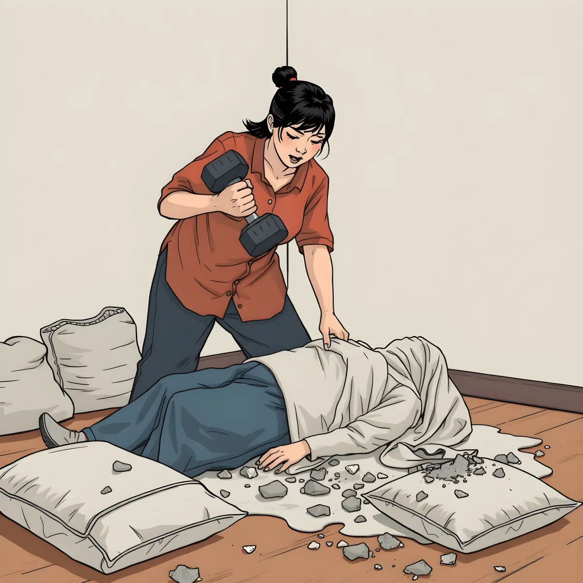 ▲兇手先是拿啞鈴砸死小姑，再模仿香港黑幫手法用水泥封住屍體。（示意圖／AI繪圖123RF生成）