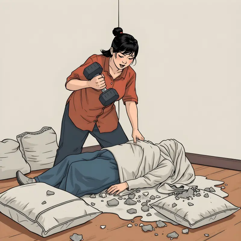 ▲兇手先是拿啞鈴砸死小姑，再模仿香港黑幫手法用水泥封住屍體。（示意圖／AI繪圖123RF生成）