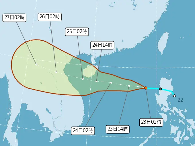 ▲氣象署稍早發布，原位於南海的熱帶性低氣壓(TD16)今早8時發展為輕度颱風，編號第13號(國際命名: KAJIKI，中文譯名:劍魚)。（圖／中央氣象署cwa.gov.tw）