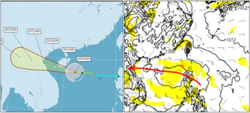▲最新氣象署「路徑潛勢預測圖」顯示，第13號颱風「劍魚」，今將增強為中颱，中心經海南島南側近海，明日午登陸越南。最新歐洲模式模擬顯示，27日起「熱帶擾動」在南海逐漸發展成颱，偏西進行，未來動向類似「劍魚」。（圖／氣象應用推廣基金會．老大洩天機專欄）
