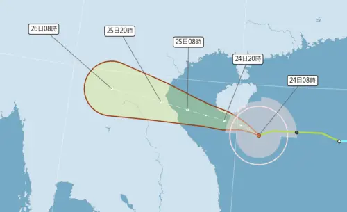 ▲劍魚颱風路徑會持續往西移動，通過海南島南邊進入中南半島。（圖／中央氣象署cwa.gov.tw）