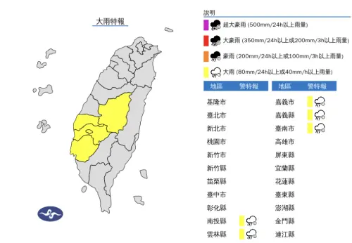 快訊／南台灣大變天！5縣市大雨特報　氣象署：雨勢入夜才趨緩
