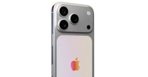 ▲「液態玻璃」設計配色乍看之下是銀色，但是其按鍵、邊框以及蘋果標誌會隨著光線折射角度產生變化，絕美七彩顏色依序顯現。（圖／X@Sam Kohl）