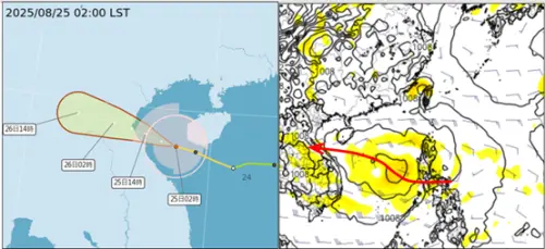 ▲最新氣象署「路徑潛勢預測圖」顯示，第13號「中颱劍魚」，中心在海南島西南方海面，今(25日)下午登陸越南。另一「熱帶擾動」在菲律賓東方海面醞釀，最新歐洲模式模擬顯示， 週四(28日)起在南海逐漸發展成颱，偏西北西進行，未來動向類似「劍魚」。（圖／氣象應用推廣基金會．老大洩天機專欄）