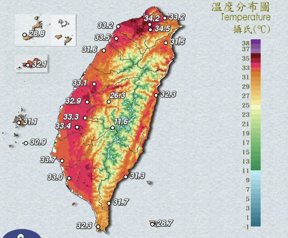 ▲由於太平洋高壓影響，白天各地雲量稀少，氣溫悶熱，尤其大台北地區高溫令人相當難受。（圖／中央氣象署cwa.gov.tw）