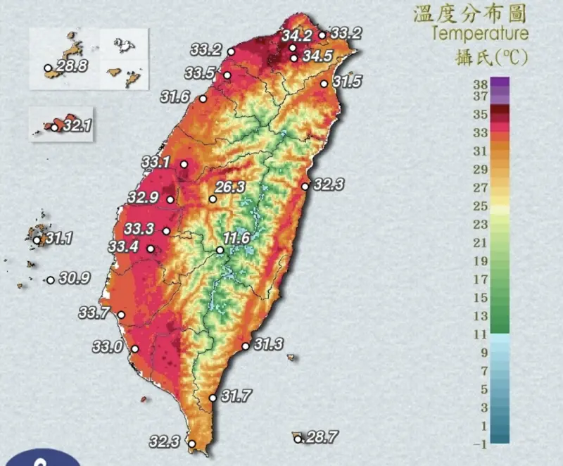 ▲由於太平洋高壓影響，白天各地雲量稀少，氣溫悶熱，尤其大台北地區高溫令人相當難受。（圖／中央氣象署cwa.gov.tw）