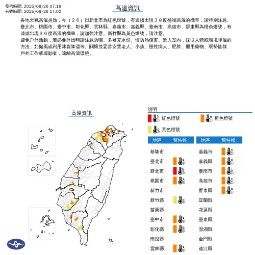 ▲今天天氣依舊高溫飆38度，中央氣象署一早針對12縣市發布高溫特報。（圖/中央氣象署cwa.gov.tw）