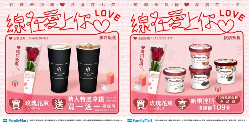 ▲全家情人節購買玫瑰花，可獲得咖啡買一送一優惠券。（圖／全家提供）