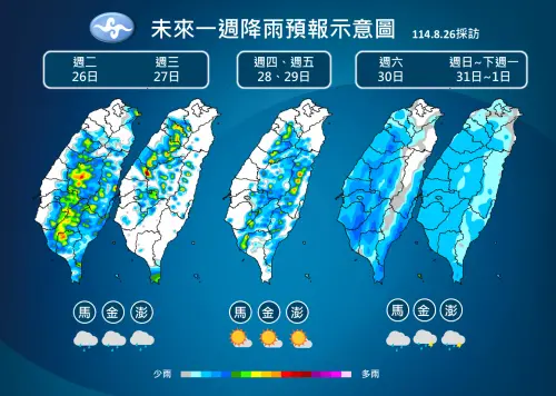 ▲週二、週三桃園以南有午後雷雨，週四、週五稍微趨緩，但週末南方水氣影響，降雨範圍又會擴大。（圖／中央氣象署cwa.gov.tw）