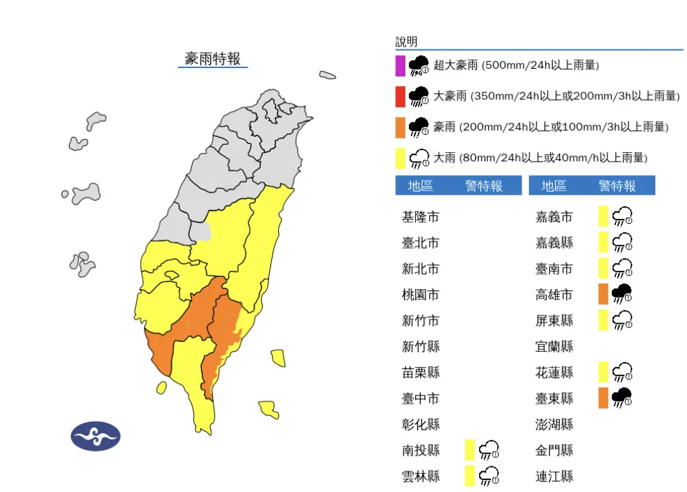 ▲氣象署發布「豪雨特報」表示，受到午後對流雲系發展旺盛，今（26）日南台灣容易有短延時強降雨。（圖／中央氣象署cwa.gov.tw）