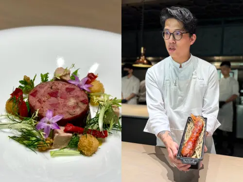 ▲主廚江丕禮向法國西南鄉村料理「鴨脖子香腸」致敬的「醞藏｜櫻桃鴨 鴨肝 風乾西瓜 刺蔥」。（圖／記者蕭涵云攝）