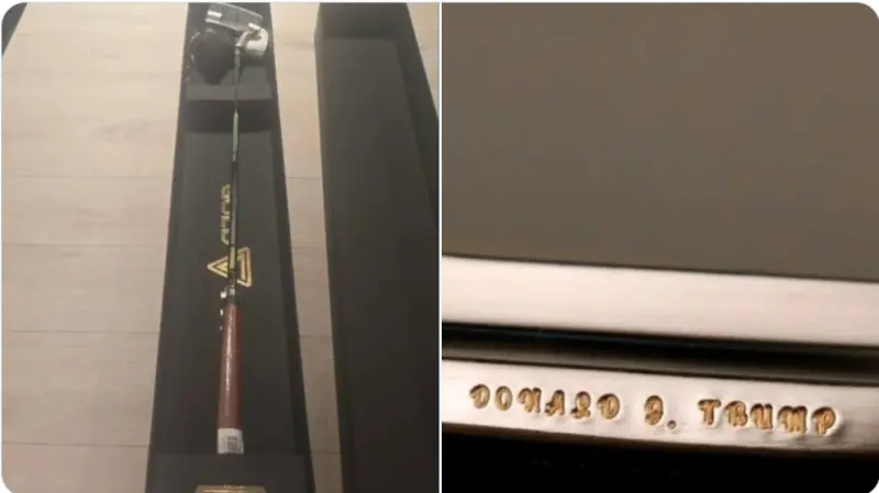 ▲韓國總統李在明25日訪問白宮,帶來高爾夫球桿、龜船模型和MAGA帽給美國總統川普。(圖/翻攝自X/kkommi6)