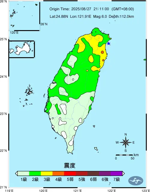▲稍早宜蘭縣近海規模6.0地震，台灣本島幾乎都有感。（圖／中央氣象署）