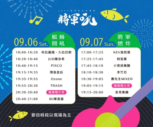 ▲「2025臺南夏日音樂節－將軍吼」即將於9月6日、7日在臺南將軍漁港震撼回歸，且首次施放「16吋煙火彈」，表演節目表與煙火施放時間也公布。（圖／台南市觀旅局提供）