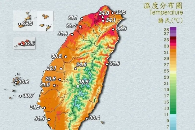▲各地天氣高溫炎熱，中央氣象署已發布高溫特報，今（28）日白天新北市為紅色燈號，有連續出現38度極端高溫的機率。（圖／翻攝自中央氣象署cwa.gov.tw）