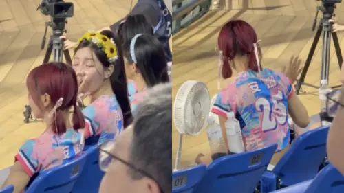 ▲昨日晚間地震當下，南珉貞（左圖中）正在新莊棒球場應援，一感受到地震，她隨即躲到椅子底下。（圖／翻攝自Threads）