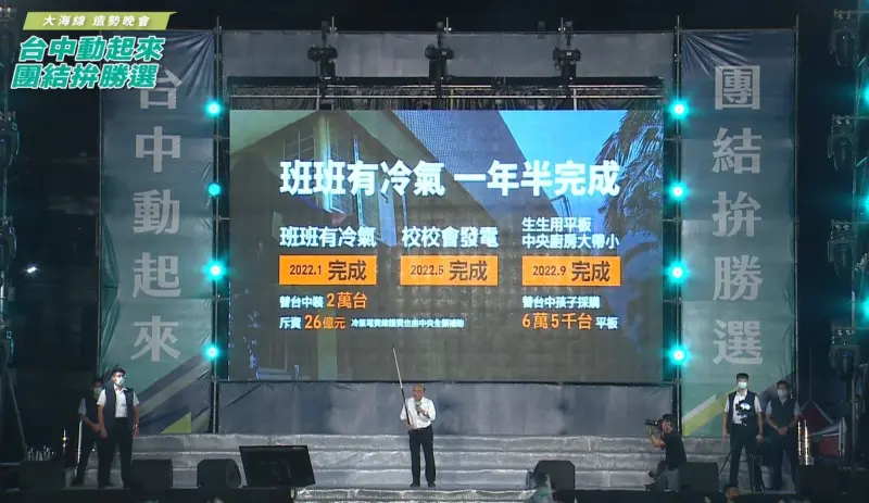 ▲3年前的縣市長選舉，蘇貞昌拿著撞球杆，強調「班班有冷氣」是中央的重大政績。（資料畫面）