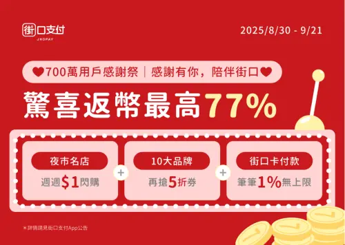 ▲8月30日起，為期四週，在雙北、桃園、台中等7個夜市，推出「夜市美食一元閃購」，指定攤位使用街口APP付款一元，即可享夜市小吃。（圖╱ 街口支付提供）