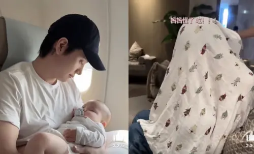 ▲張檬（右）頭上蓋著一塊布就在機場親餵，左為老公照料兒子。（圖／翻攝自微博＠快樂追星兔八哥）