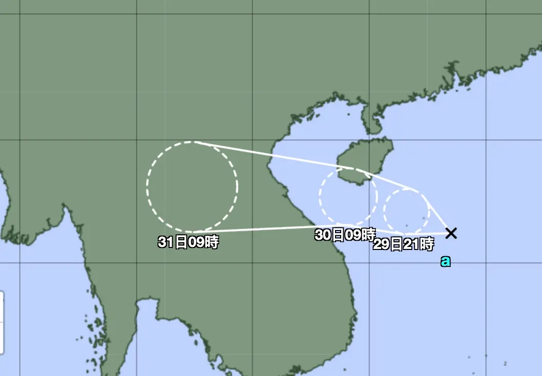 ▲日本氣象已發布烈風警告，位於南海的有熱帶性低氣壓，最快24小時內會成為今年第14颱風「藍湖」。（圖／翻攝自日本氣象廳）
