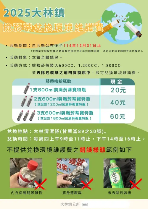 ▲由於2024年撿菸蒂活動反應太過熱烈，到了2025年湊滿600ml寶特瓶菸蒂的現金一瓶變成20元，並隨寶特瓶容量遞增。（圖／大林鎮公所）