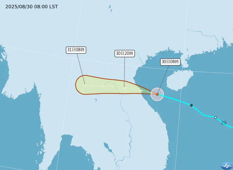 ▲位於南海的熱帶性低氣壓（TD17），於今（30）日08時發展為輕度颱風藍湖。（圖／中央氣象署cwa.gov.tw）
