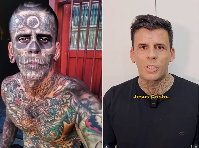 ▲36歲巴西男子利安德羅德蘇薩（Leandro de Souza），曾經全身有95%的皮膚都佈滿刺青，被封為「巴西最多刺青的男人」，但兩年前接觸信仰後決定洗掉刺青。（圖／翻攝自IG／leandrodesouzabless）